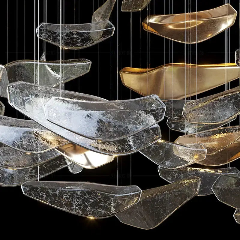 Modern gold crystal pendant chandelier featuring translucent crackled glass and polished gold leaf for dining room decorbites crystal pendant