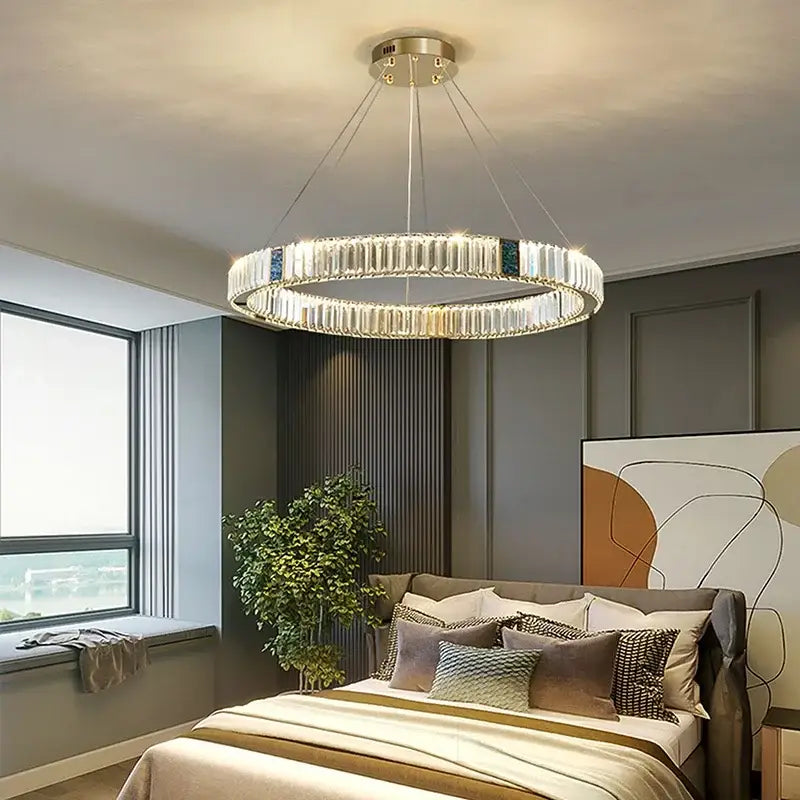 Modern gold crystal pendant chandelier led dining room light with double-ring clear crystal rods and metal accents decorbites crystal pendant