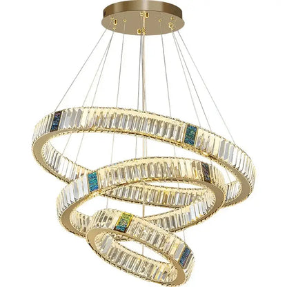 Modern gold crystal pendant chandelier led with three interlocking rings and clear blue-green crystal accents for dining room decorbites crystal pendant
