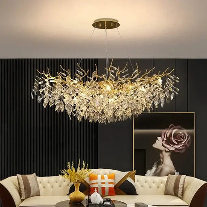 Modern gold crystal pendant chandelier with crystal leaf and branch accents for luxury living room decorbites crystal pendant