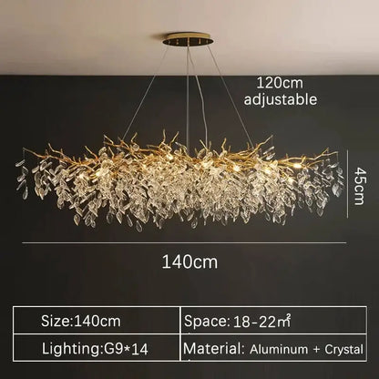 Modern gold crystal pendant chandelier with adjustable 140cm golden aluminum frame and cascading clear crystal leaves