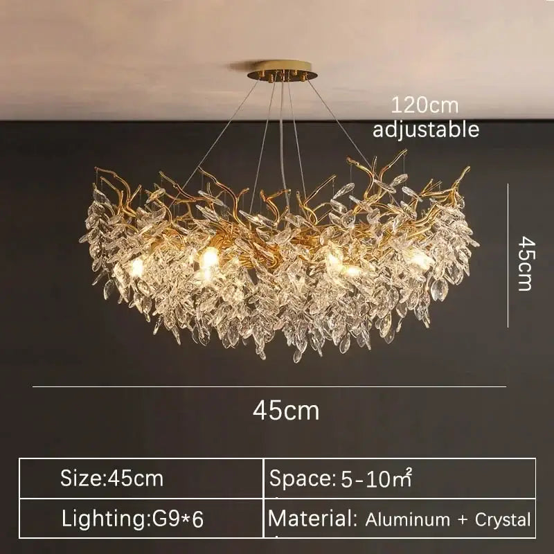 Modern gold crystal pendant chandelier with intricate leaf design, aluminum and crystal, featuring six g9 bulbs for luxury decorbites decor
