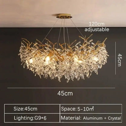Modern gold crystal pendant chandelier with intricate leaf design, aluminum and crystal, featuring six g9 bulbs for luxury decorbites decor