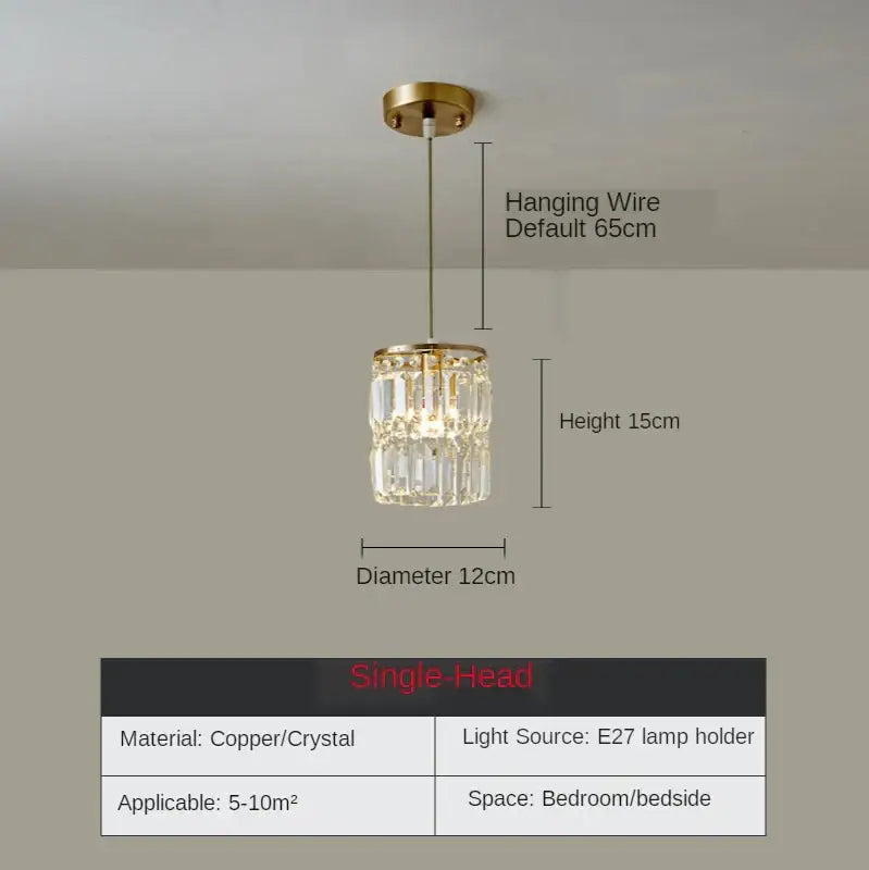 Modern gold crystal pendant light with a delicate cylindrical design featuring clear faceted crystals for dining room use