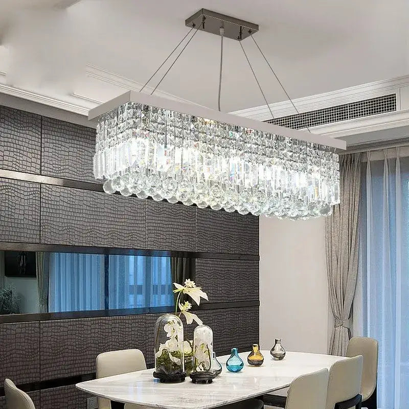 Modern gold crystal pendant light rectangular chandelier with sleek silver frame and cascading clear glass prisms