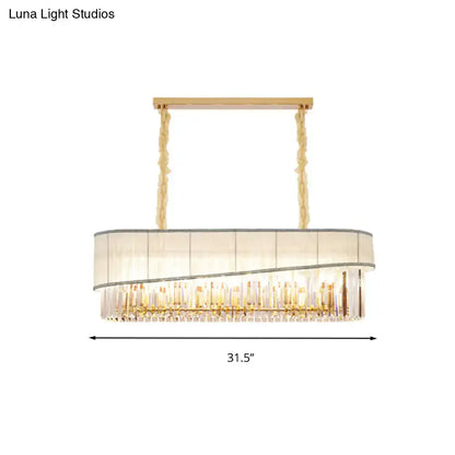 Elegant gold-toned modern pendant light fixture with rectangular frame, crystal rods, and fabric shade for dining room, 220v-240v 110v-120v