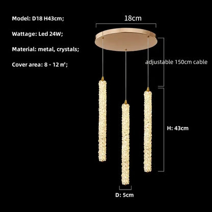 Modern gold crystal pendant lights featuring gold-toned metal and three cascading crystal strands for luxury dining room decor