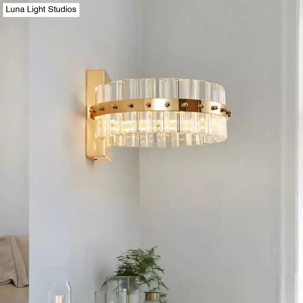 Modern gold crystal prism wall sconce with clear faceted tubes and polished metal band led flush mount bedroom light