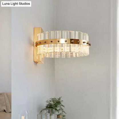 Modern gold crystal prism wall sconce with clear faceted tubes and polished metal band led flush mount bedroom light