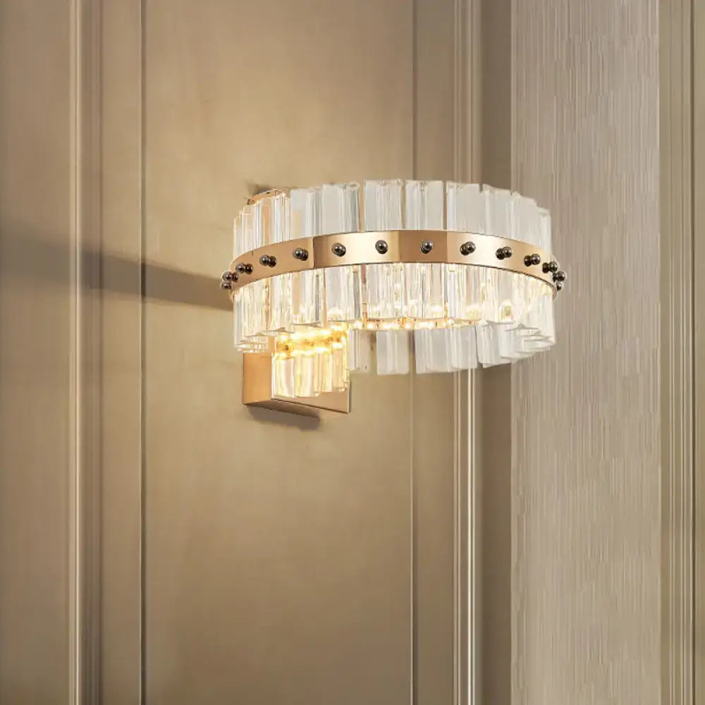 Modern gold crystal prism wall sconce with clear faceted rods and black rivets for led flush mount bedroom light