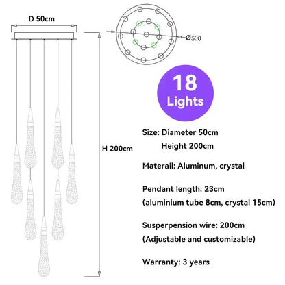 Modern gold crystal raindrop pendant lights with 18 crystal teardrop pendants on aluminum frame pendant lights