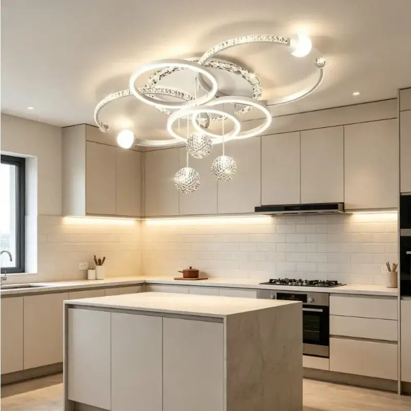Modern gold crystal ring pendant light with sleek metallic finish and dimmable led bulbs for dining room ambiance