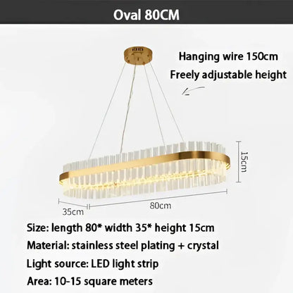 Oval-shaped modern gold crystal ring chandelier with stainless steel frame, hanging crystals, and LED light strip illumination