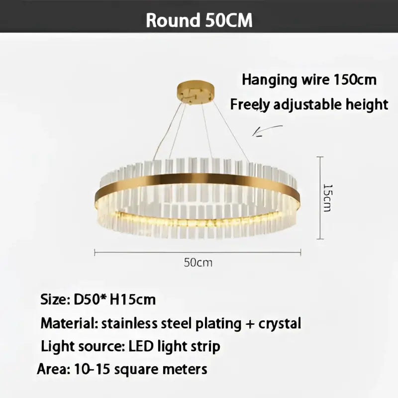 Modern gold crystal ring chandelier with a 50cm gold-plated stainless steel frame and clear crystal accents with led lighting