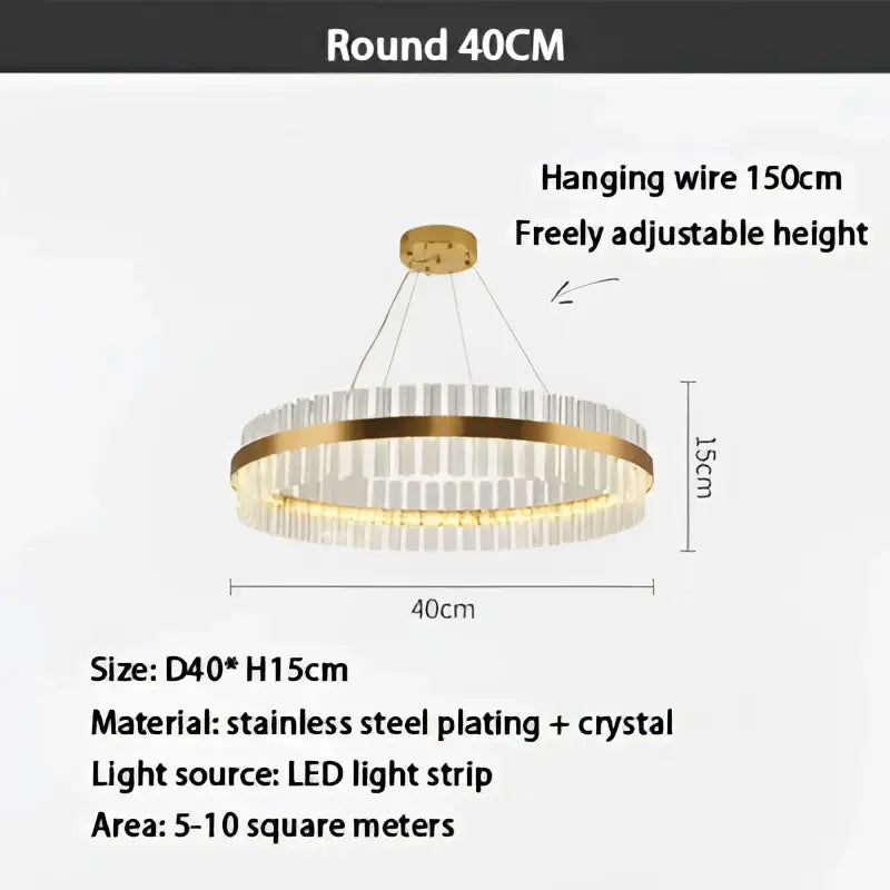 A modern gold crystal ring chandelier with a gold-plated stainless steel frame and LED light strip illumination
