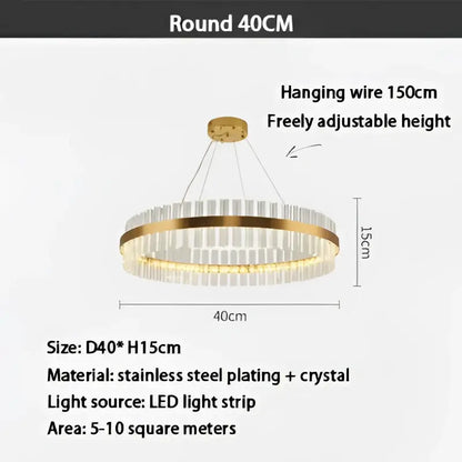 A modern gold crystal ring chandelier with a gold-plated stainless steel frame and LED light strip illumination