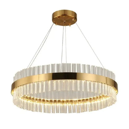 Modern gold crystal ring chandelier featuring clear glass rods and a sleek metallic frame for dining room lighting
