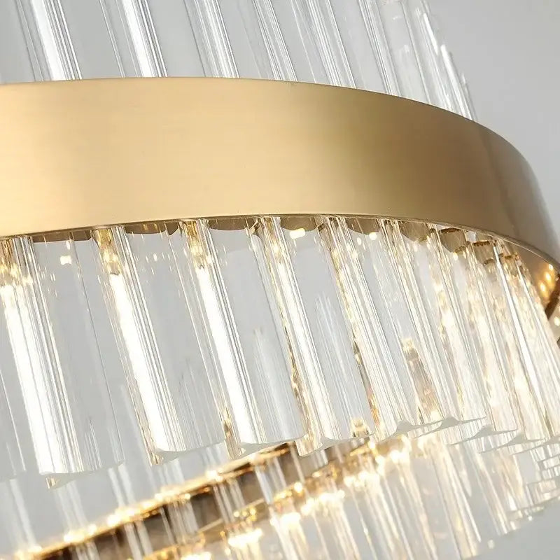 Modern gold crystal ring chandelier with clear vertical crystal prisms for dining room pendant lighting