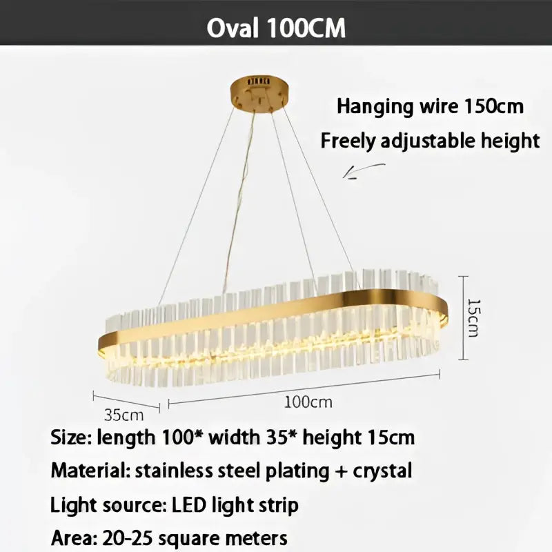 Modern gold crystal ring chandelier with gold-toned oval frame and dangling crystal accents for dining room pendant light
