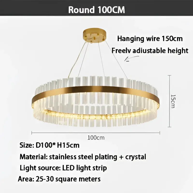 Modern gold crystal ring chandelier with clear crystal accents and led light strip for dining room pendant lighting