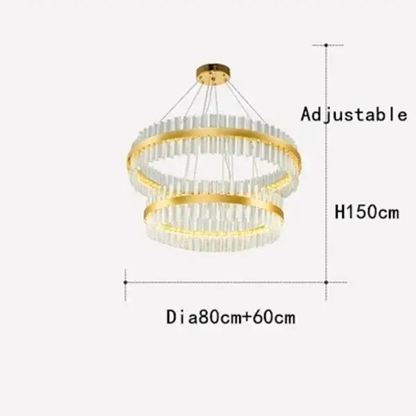 Modern gold crystal ring chandelier with double rings clear crystal rods and adjustable height for dining room use