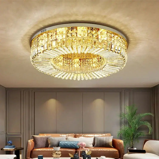 Modern gold crystal ring led ceiling lamp with a circular multi-tiered design featuring faceted glass elements decorbites crystal ring