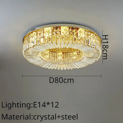 Modern gold crystal ring led ceiling lamp with multi-tiered faceted crystals refracting warm light for living room decorbites