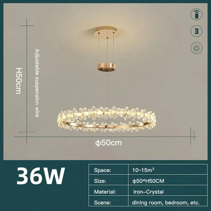 Modern gold crystal ring led chandelier with metal frame and flower-like accents for dining or bedroom decorbites crystal ring