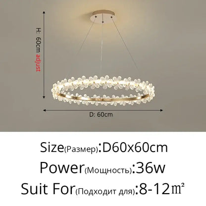 Modern gold crystal ring led chandelier with clear crystal flower accents and metal frame, perfect for dining room decorbites crystal ring