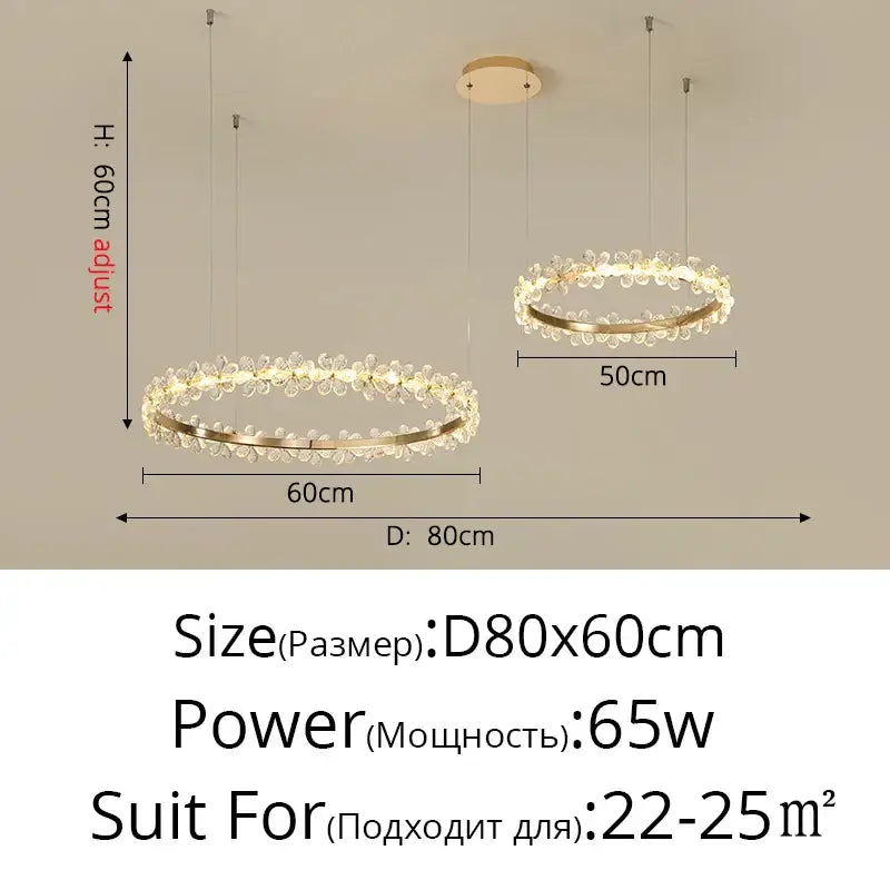 Modern gold crystal ring led chandelier with butterfly pendant and crystal flower accents featuring adjustable height