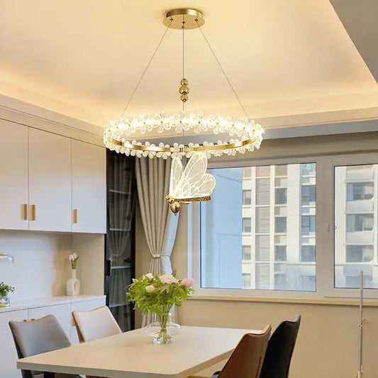 Modern gold crystal ring led chandelier with clear crystal droplets and butterfly pendant for dining room decorbites crystal ring