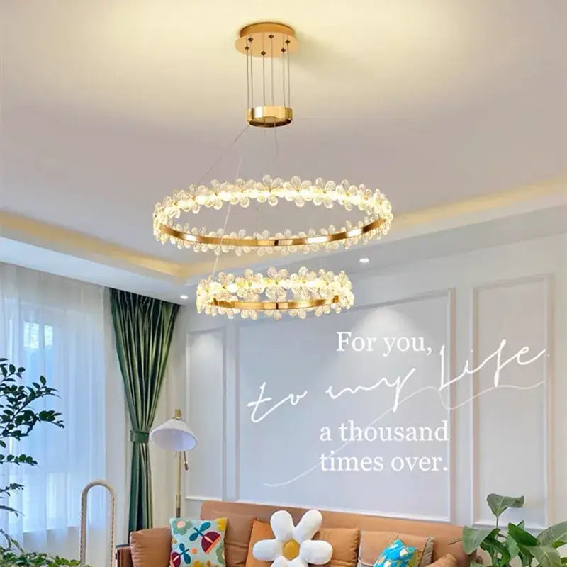 Modern gold crystal ring led chandelier with double-ring design and clear flower-like crystal embellishments for dining room decorbites crystal ring