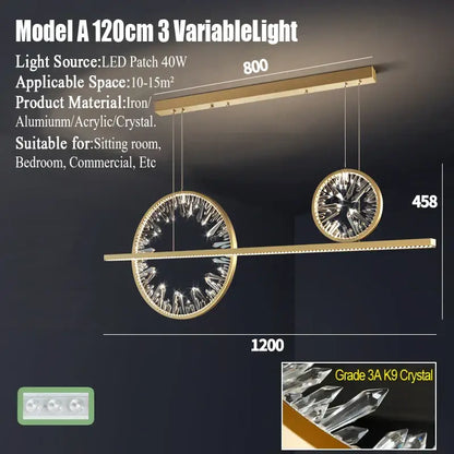 Modern gold crystal ring led chandelier with two circular crystal ring pendants featuring grade 3a k9 crystal accents