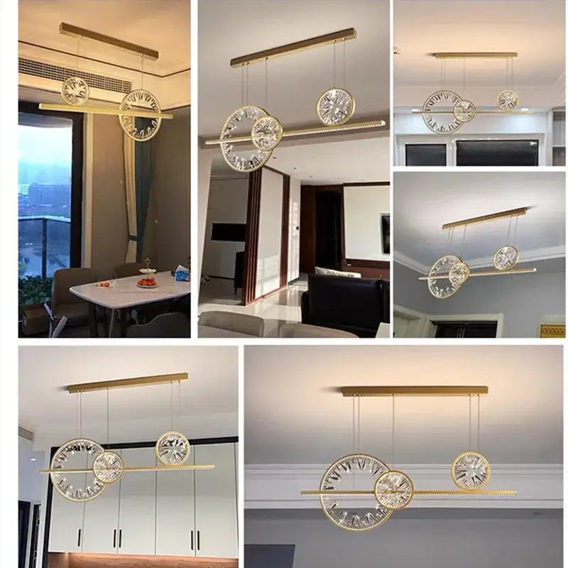 Modern gold crystal ring led chandelier with circular clock face designs and crystal accents for dining room decorbites crystal ring
