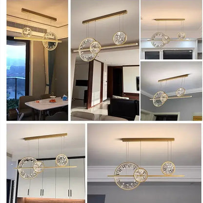 Modern gold crystal ring led chandelier with circular clock face designs and crystal accents for dining room decorbites crystal ring