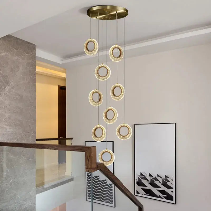 Modern gold crystal ring led chandelier kitchen hanging lamp with brass circular pendant and glowing led rings decorbites crystal ring