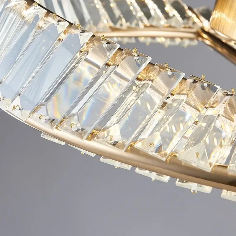 Modern gold crystal rings led ceiling light with clear rectangular crystal prisms in gold-toned metal frame for living room decorbites crystal rings