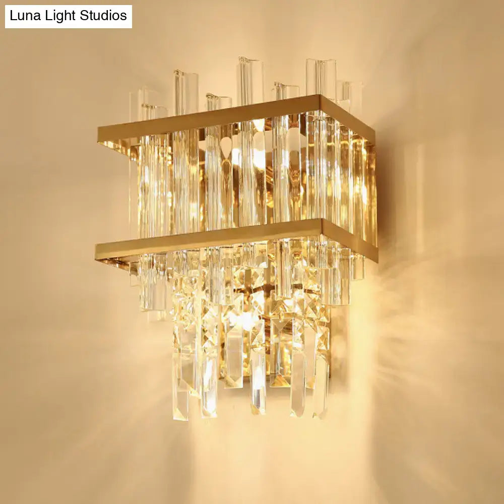 Modern gold direct wired electric wall sconce with cube shade crystal rods and geometric metal frames for living room light type