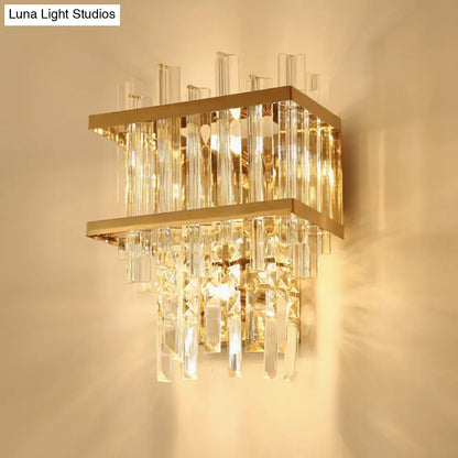 Modern gold direct wired electric wall sconce with cube shade crystal rods and geometric metal frames for living room light type