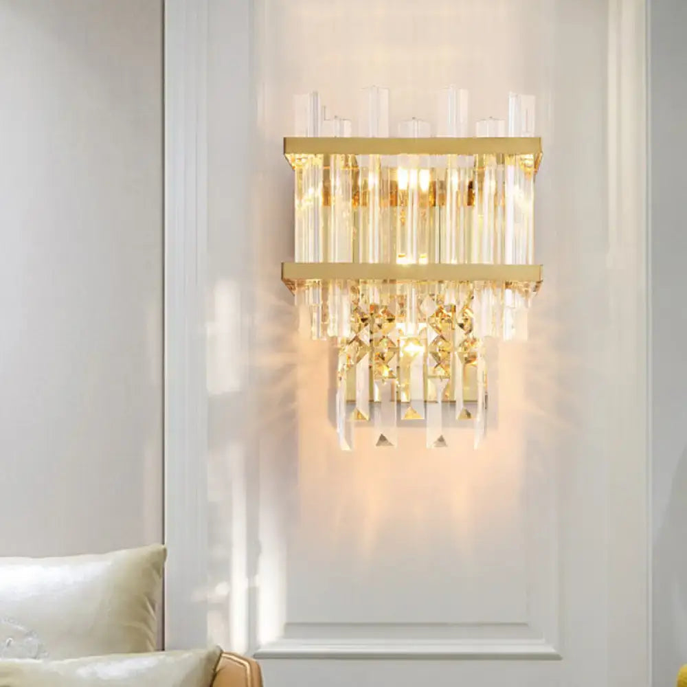 Modern gold direct wired electric wall sconce with clear crystal rods and cube shade light type for living room use