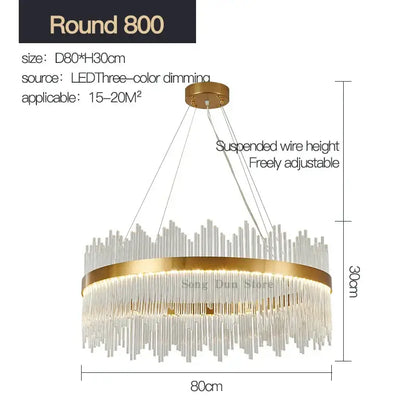 Modern gold crystal rod round chandelier featuring clear glass rods and a three-color dimmable led light source