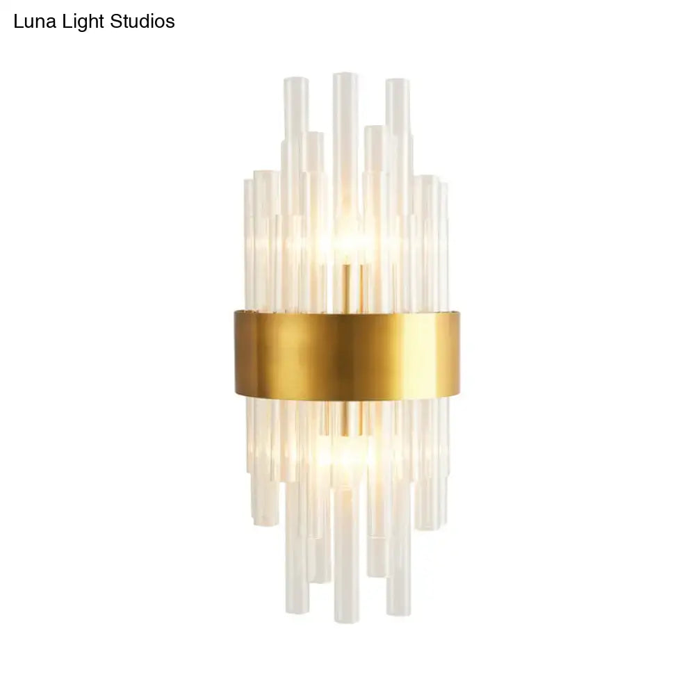 Modern gold crystal rod wall sconce with a central metallic band and glass tubes for 110v-120v fixture height use