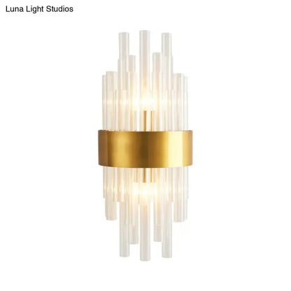Modern gold crystal rod wall sconce with a central metallic band and glass tubes for 110v-120v fixture height use