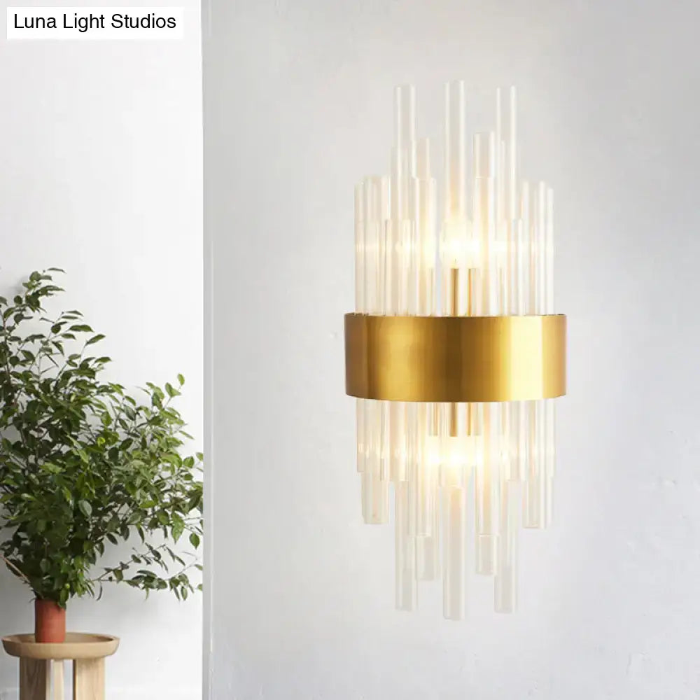 Modern gold crystal rod wall sconce with clear glass rods and fixture height suitable for 110v-120v use in living rooms