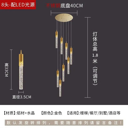 Modern gold crystal rotating staircase chandelier with eight crystal-encased led lights and stainless steel base