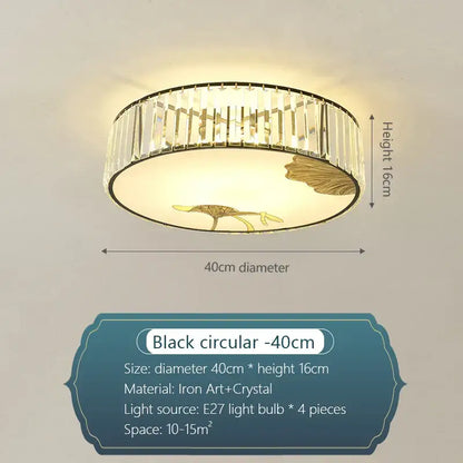 Black circular crystal round ceiling light with vertical crystal rods and gold leaf motifs for modern bedroom decorbites decor