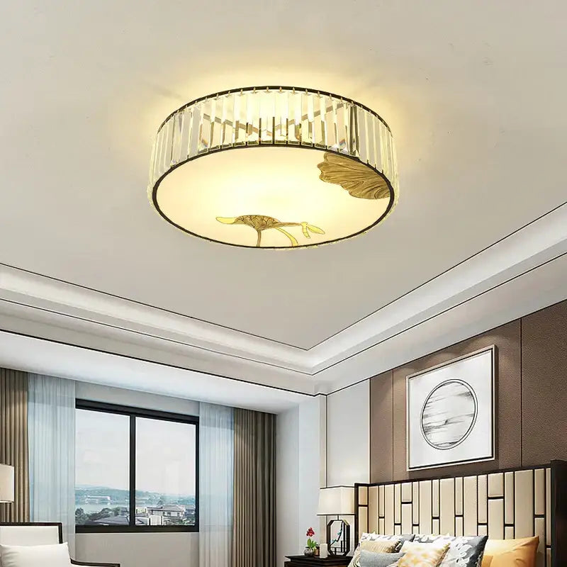 Modern gold crystal round ceiling light with vertical crystal rods and lotus decorbites crystal round ceiling design