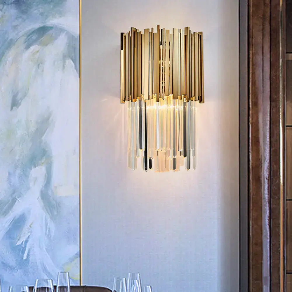 Modern gold crystal sconce light bedroom 110v-120v with vertical brass rods and clear glass prisms tiered wall lamp