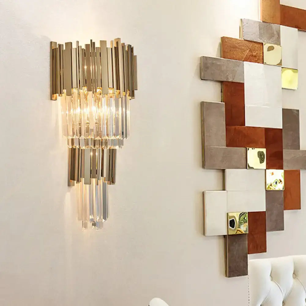 Modern gold crystal sconce light with cascading prisms tiered wall lamp compatible with 110v-120v and led bulbs