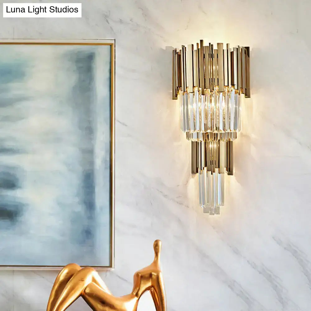 Modern gold crystal sconce light with cascading crystal rods and metallic accents for 110v-120v use